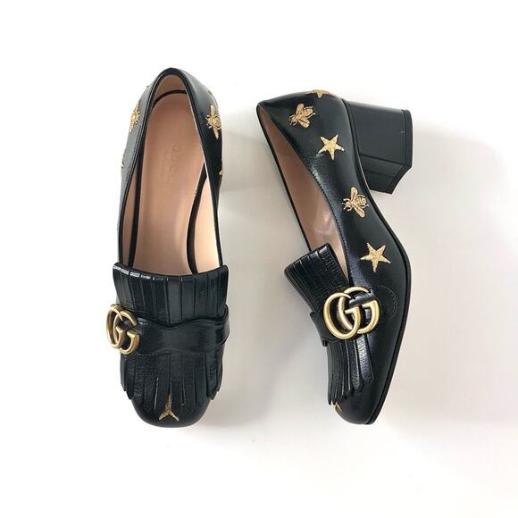 Gucci Shoes - Gucci GG Marmont Fringe Quentin Bee Embroidered Platform Heeled Loafers Pumps 37